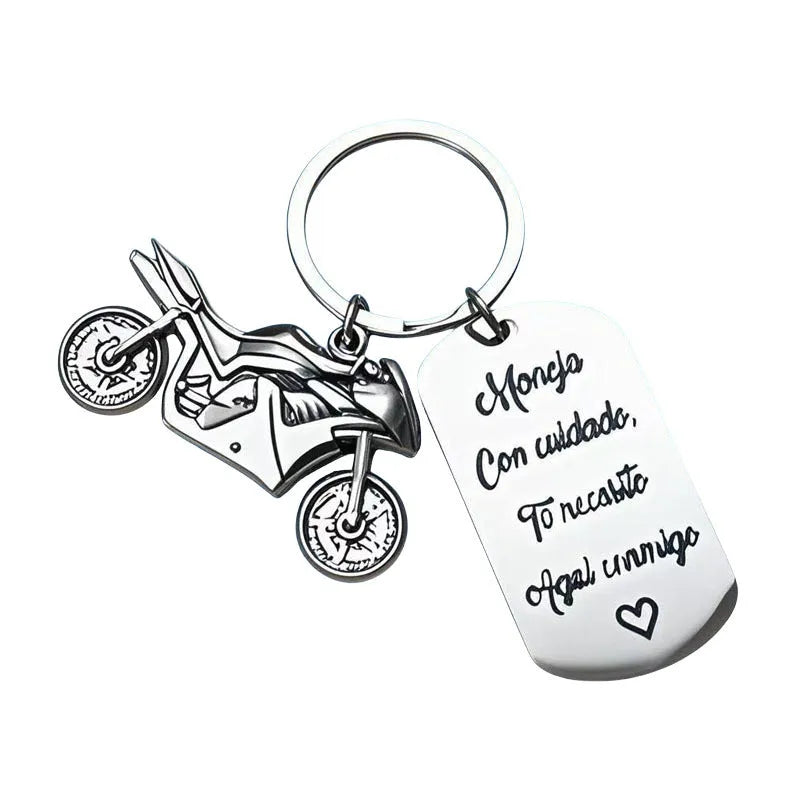 Stainless steel motorcycle keychain with modern design and included flannel gift bag.