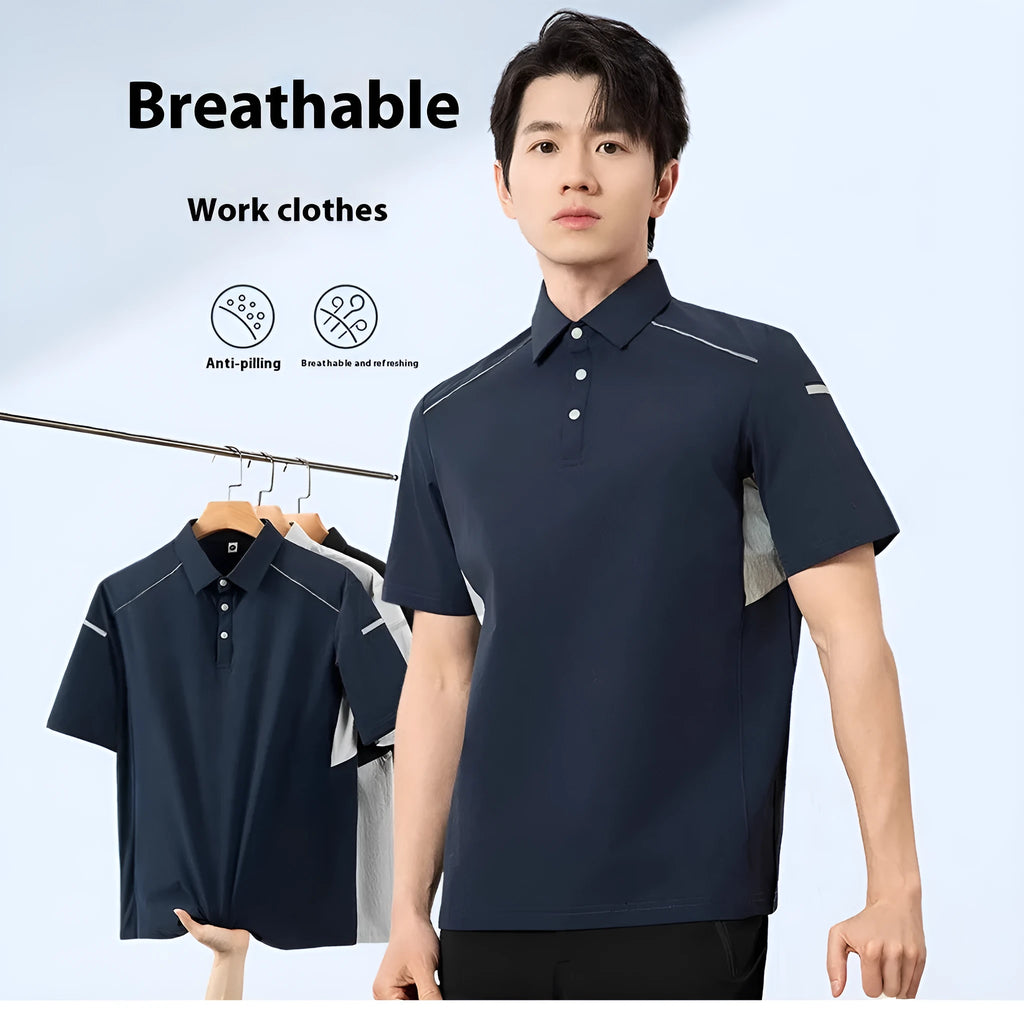 Men's solid colour short sleeve polo shirt in a lightweight fabric, shown in classic black, on a hanger.