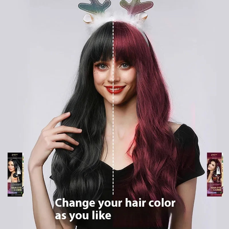 Permanent hair dye kit showing 200ML bottle and easy application comb in choice of Brown, Wine Red, or Dark Brown shade.