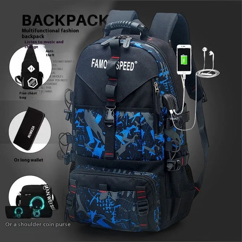 Men's waterproof Oxford cloth hiking backpack in camouflage colour with air pillow belt.