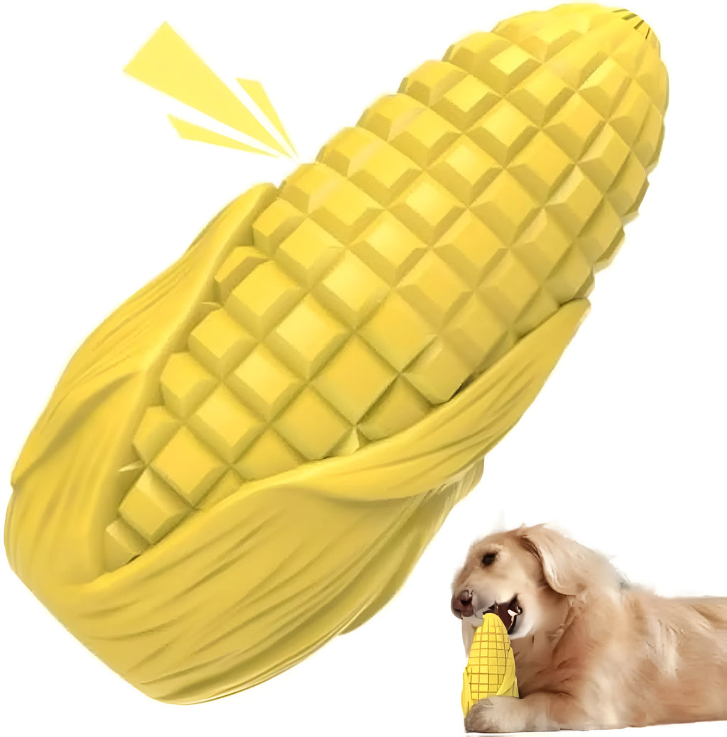 Corn stick shaped dog chew toy in blue or yellow colour with textured surface grooves