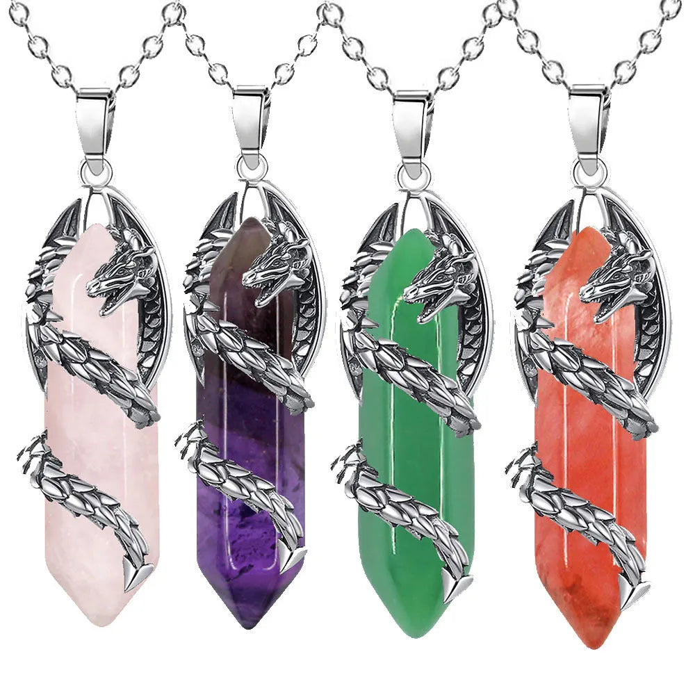 Fashion crystal flying dragon pendant necklace in amethyst colour with polished finish on a chain