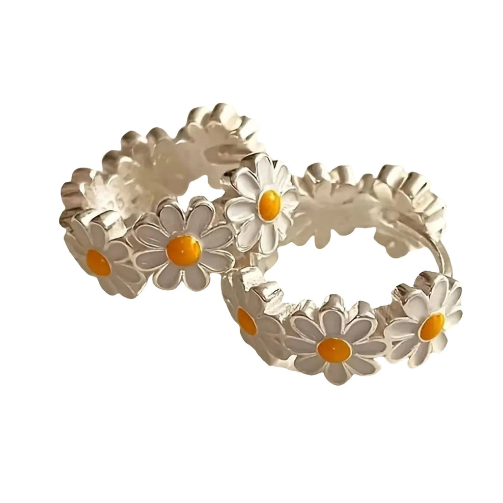 White daisy flower ring earrings with electroplated copper construction and inlaid gem details