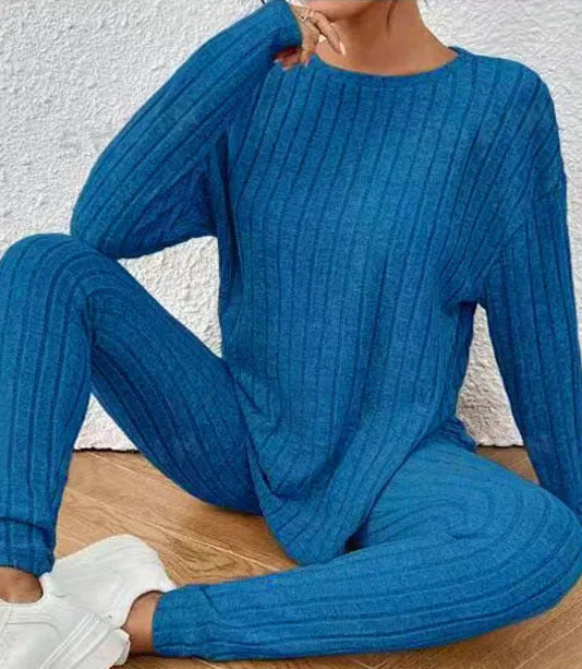 Black and blue sunken stripe casual two-piece polyester homewear set with top and pants.