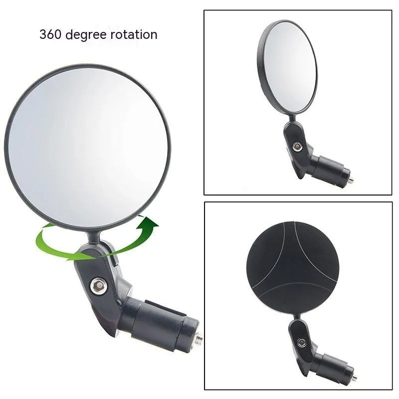 Black ABS foldable convex motorcycle rearview mirror showing 7cm diameter and rotating mechanism