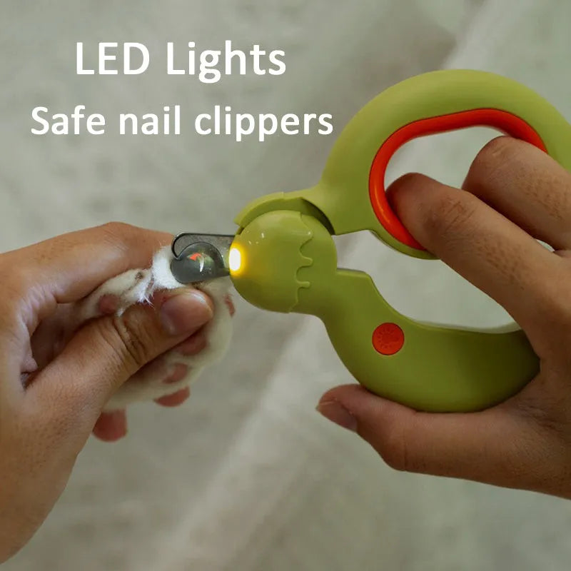 LED illuminated pet nail clippers for cats and dogs showing quick-light technology and non-slip handles