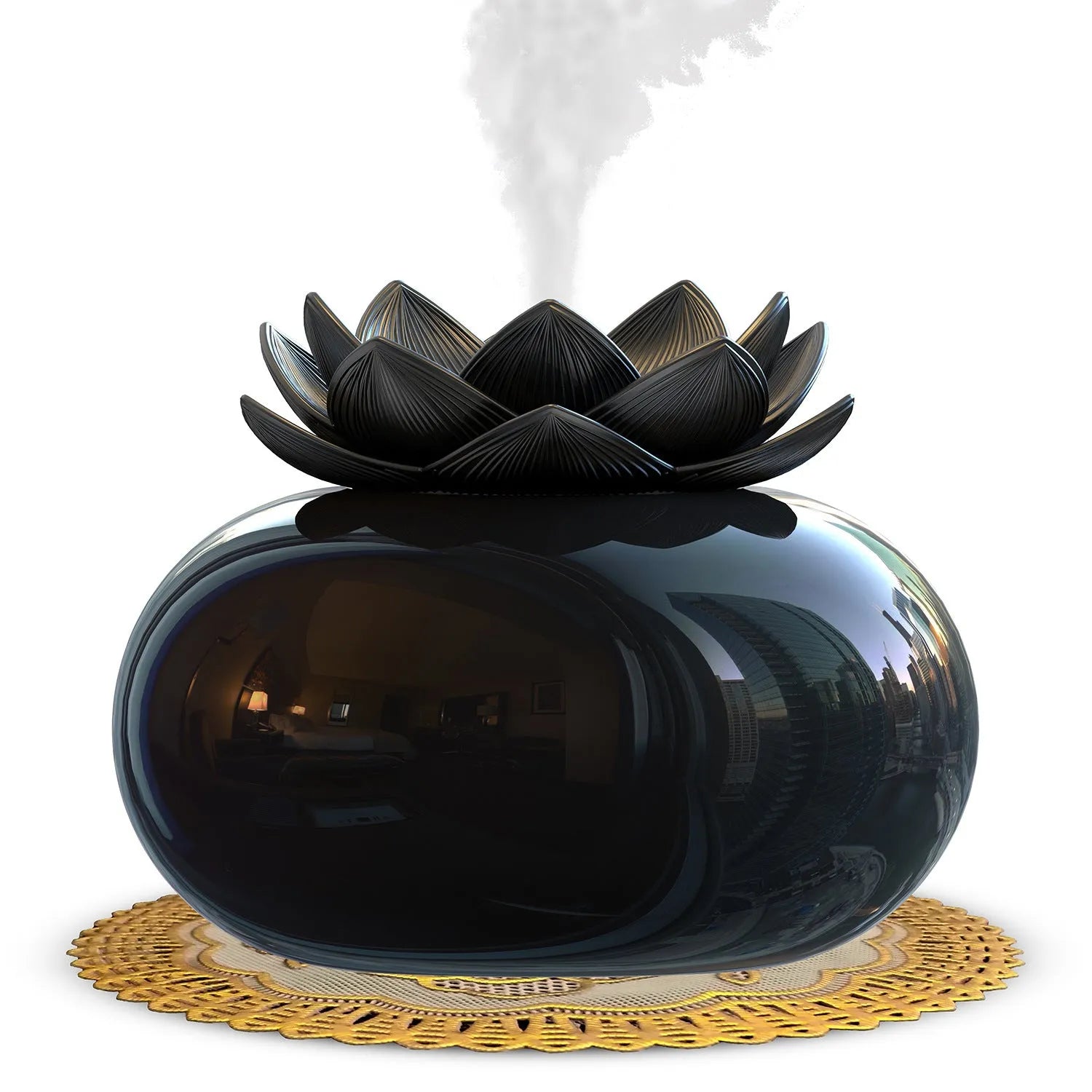 Pure black round lotus aromatherapy humidifier with USB power cable and ceramic-plastic construction