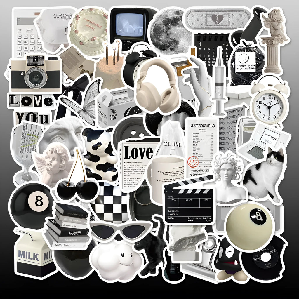 61-piece black and white PVC waterproof sticker pack for laptops and coffee cups