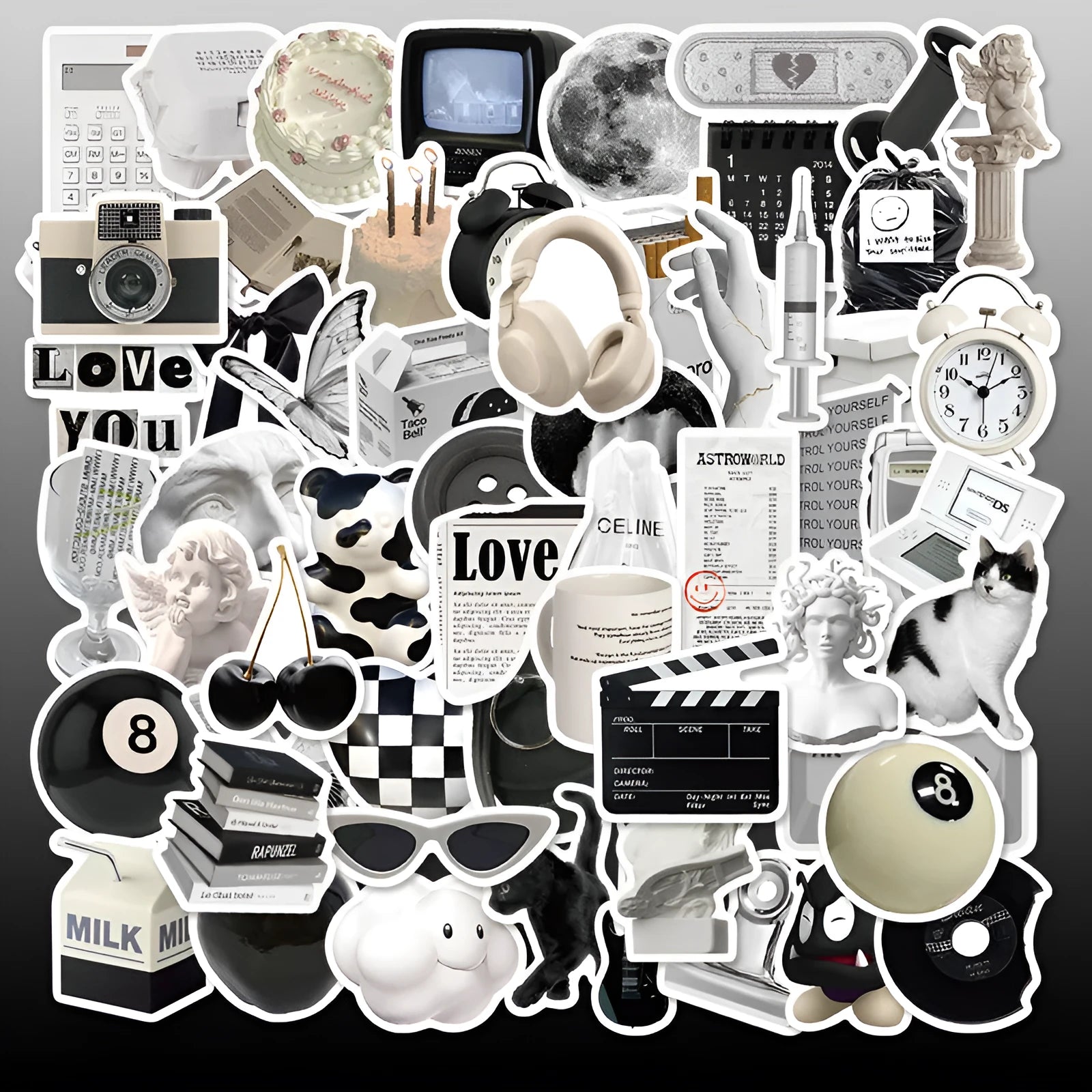 61-piece black and white PVC waterproof sticker pack for laptops and coffee cups