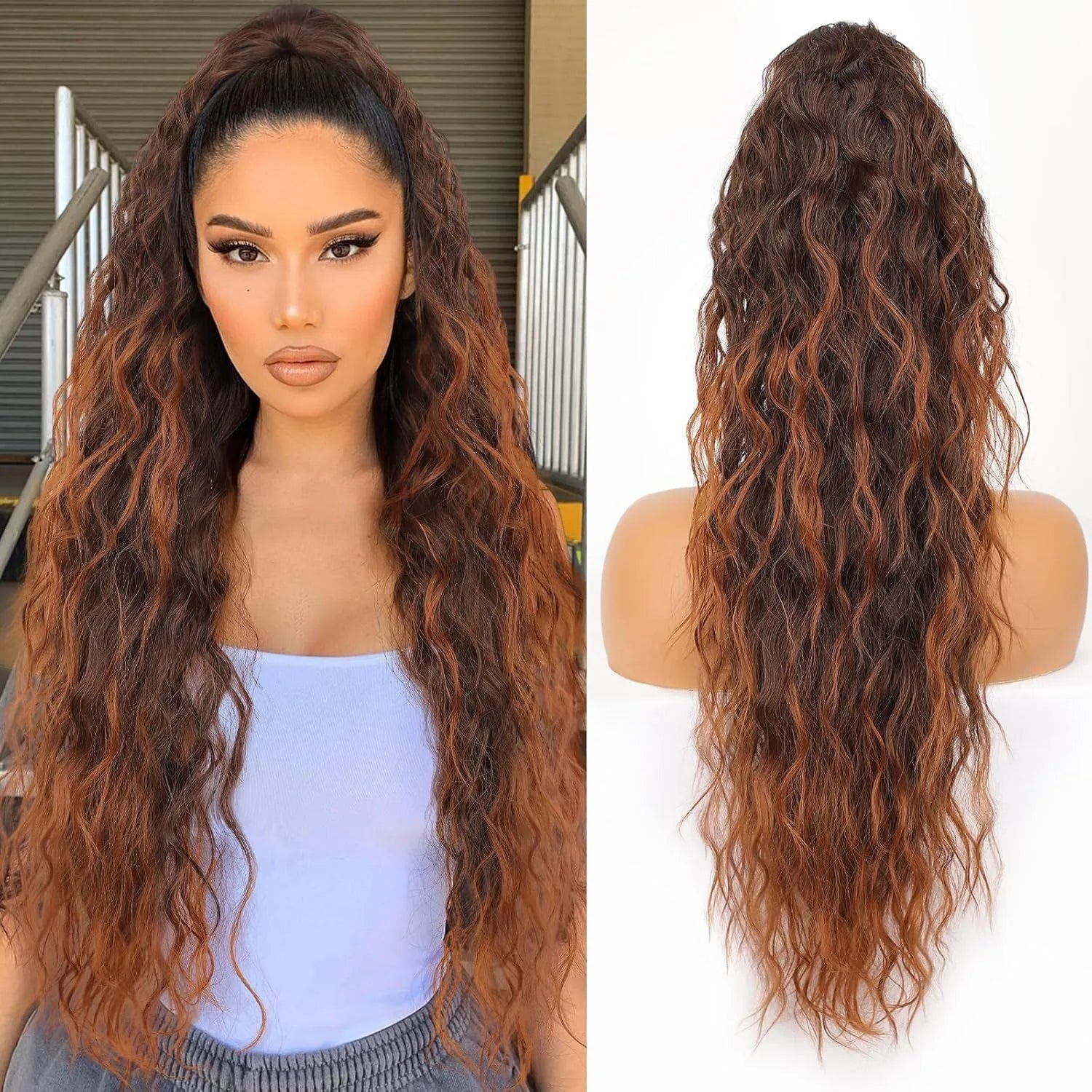 Long curly synthetic ponytail wig in high temperature fibre, 30 inches in length.