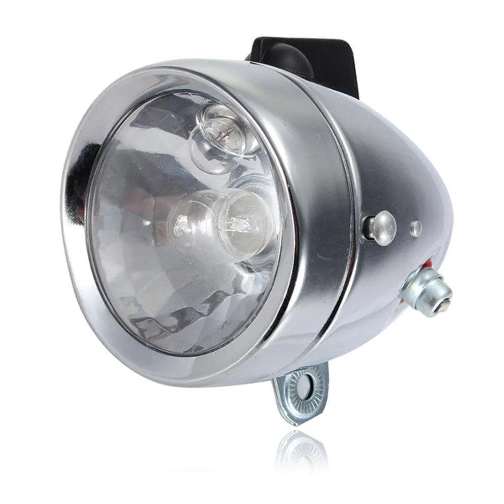 Silver bicycle dynamo-powered generator light kit for front fork or rear frame mounting.