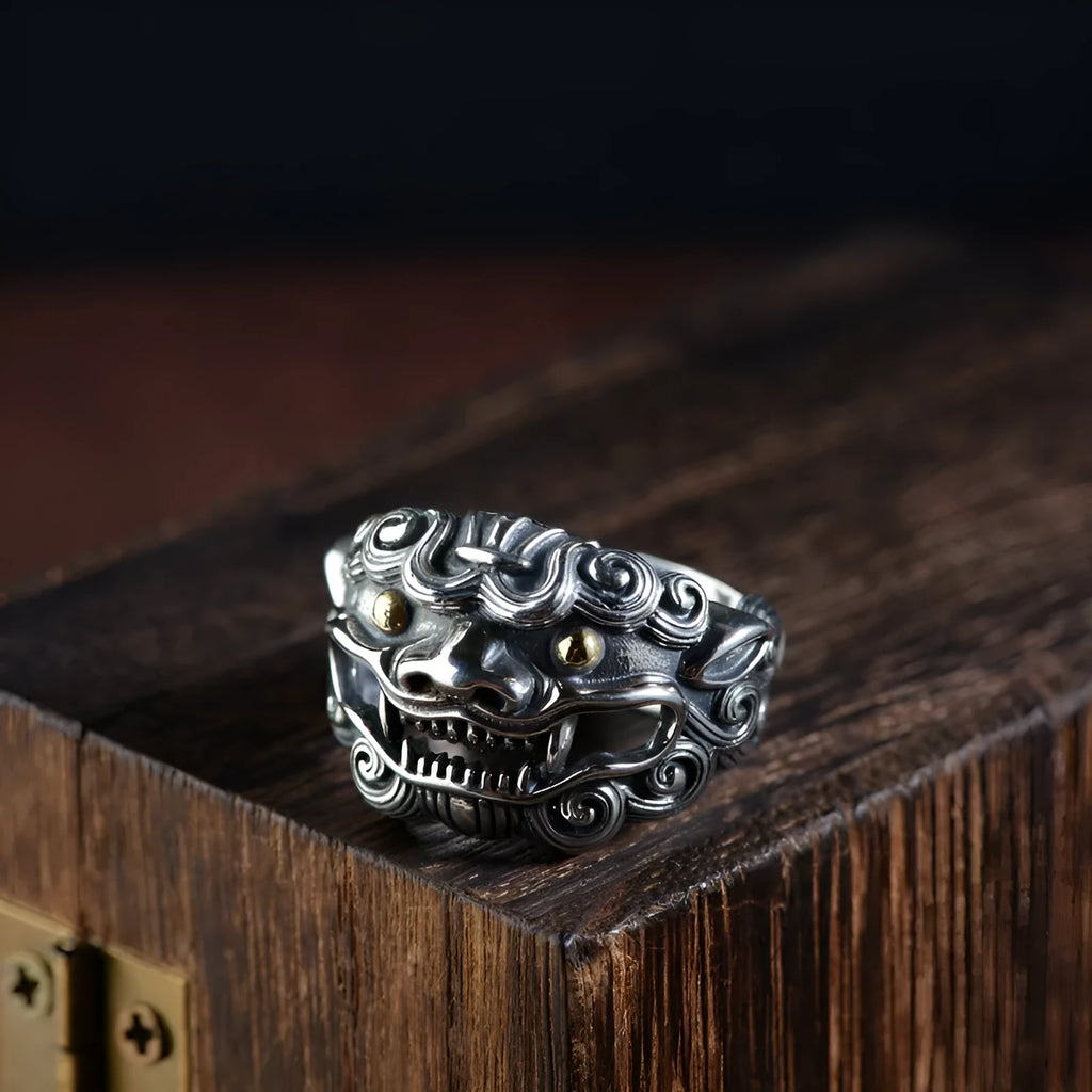 Silver open ring with Jibeast pattern detailing and retro styling