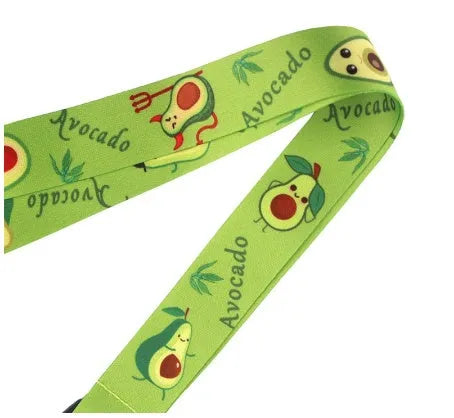 Avocado and fruit cartoon design on a double-sided white polyester phone lanyard with a black plastic buckle.