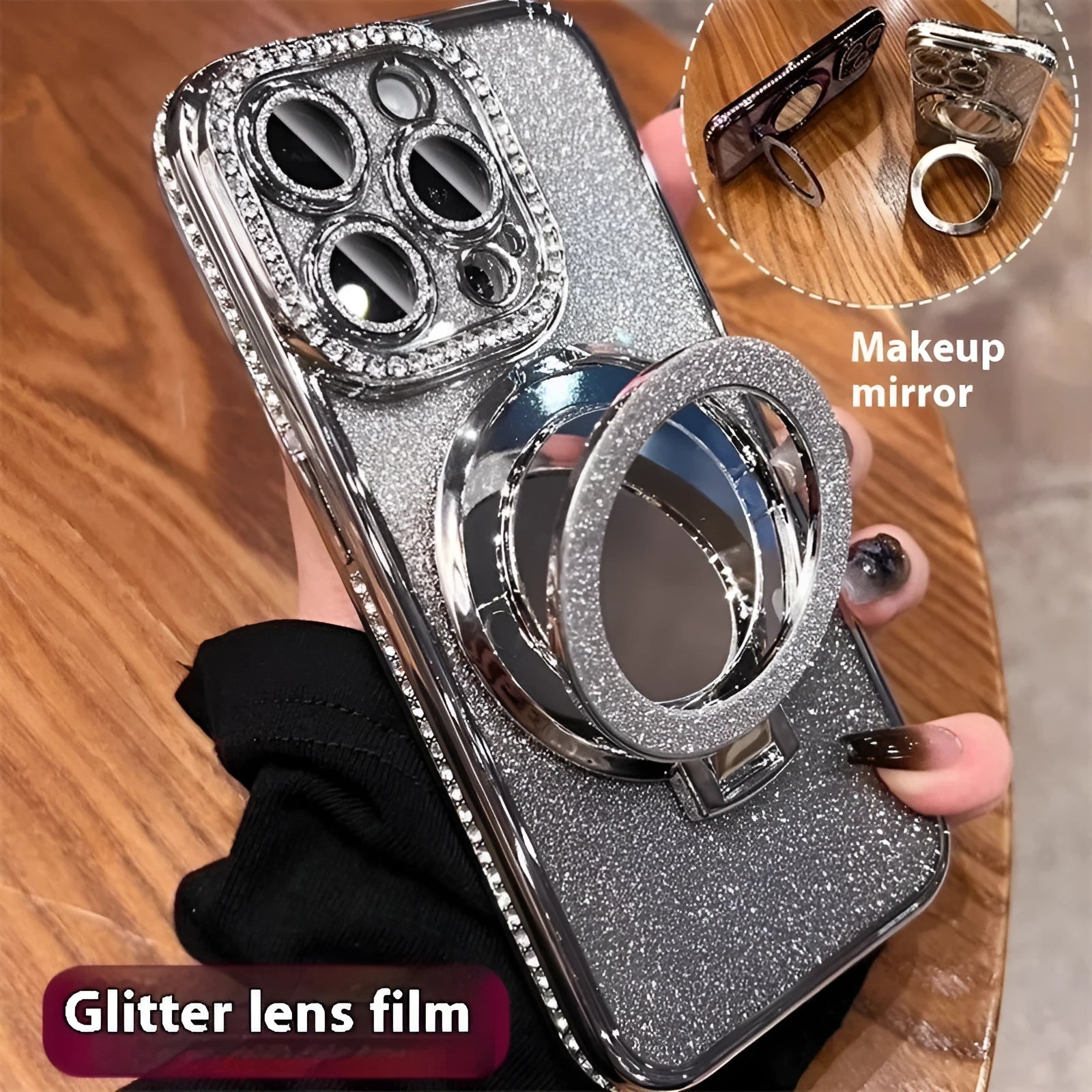 Glitter gradient iPhone case with built-in stand bracket in pink, blue, purple, silver, gold, and black colour options.
