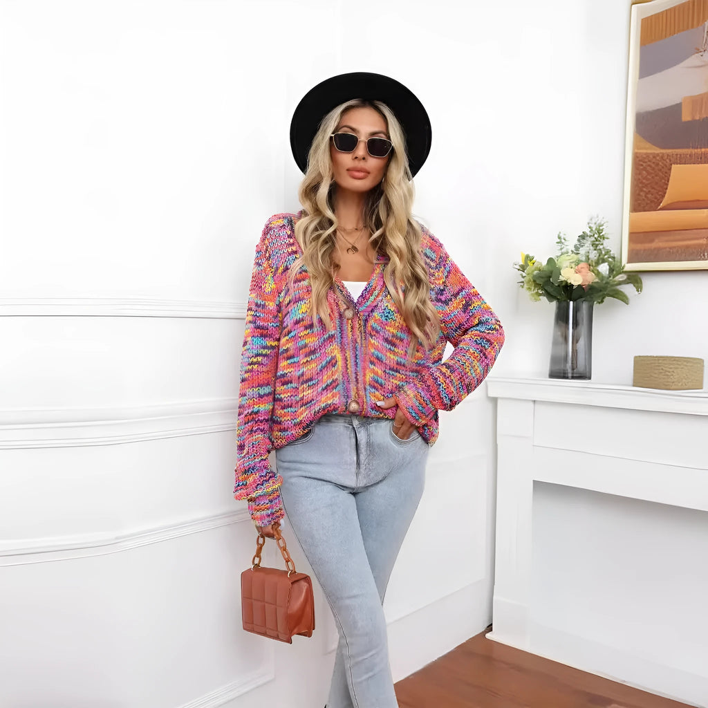 Rose red rainbow mixed colour festival dyed short cardigan knitted coat with loose street fashion styling