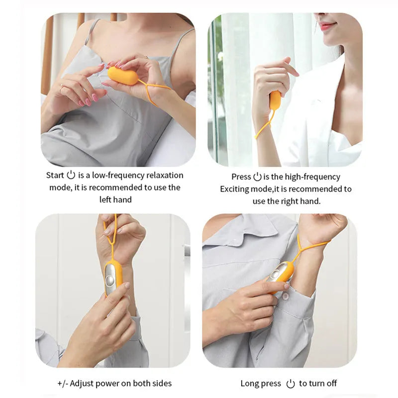 Handheld microcurrent sleep aid device with round control button in grey, green, or orange colours