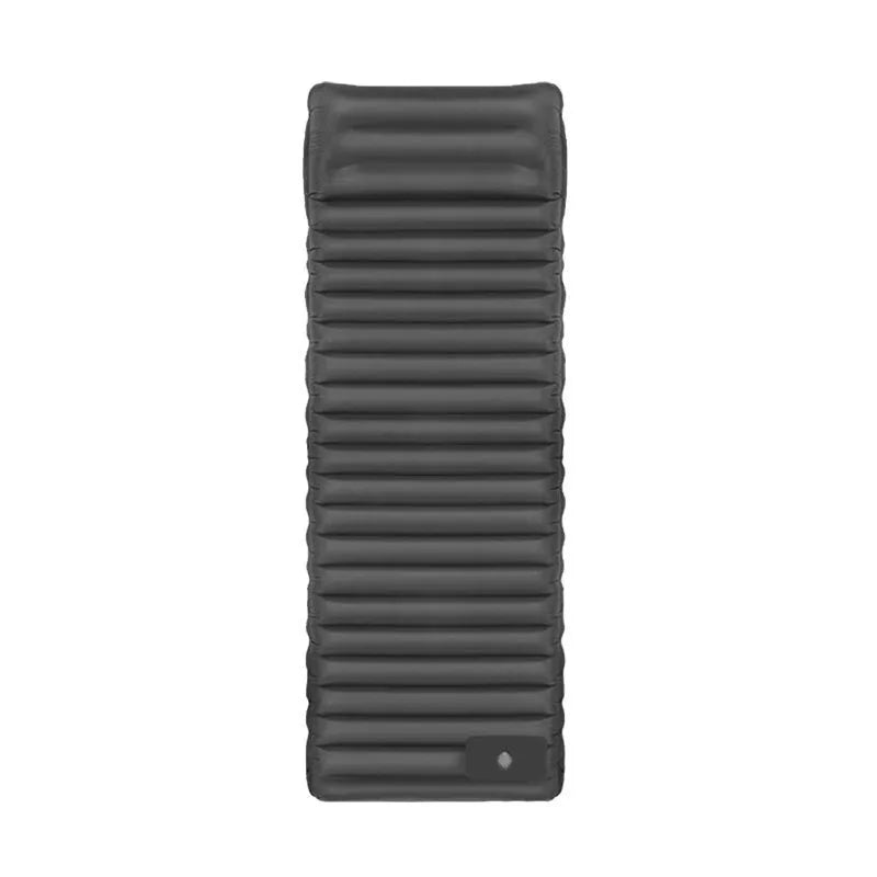 Single portable inflatable camping mattress in grey, shown at full 195cm length and 10cm thickness.