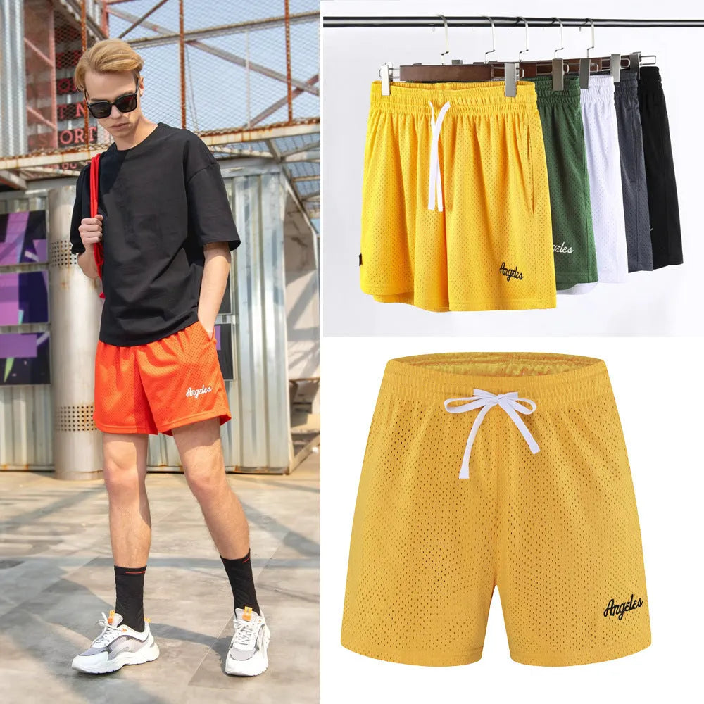 Men's personalised double-layer mesh shorts in a selection of colours on a size chart.