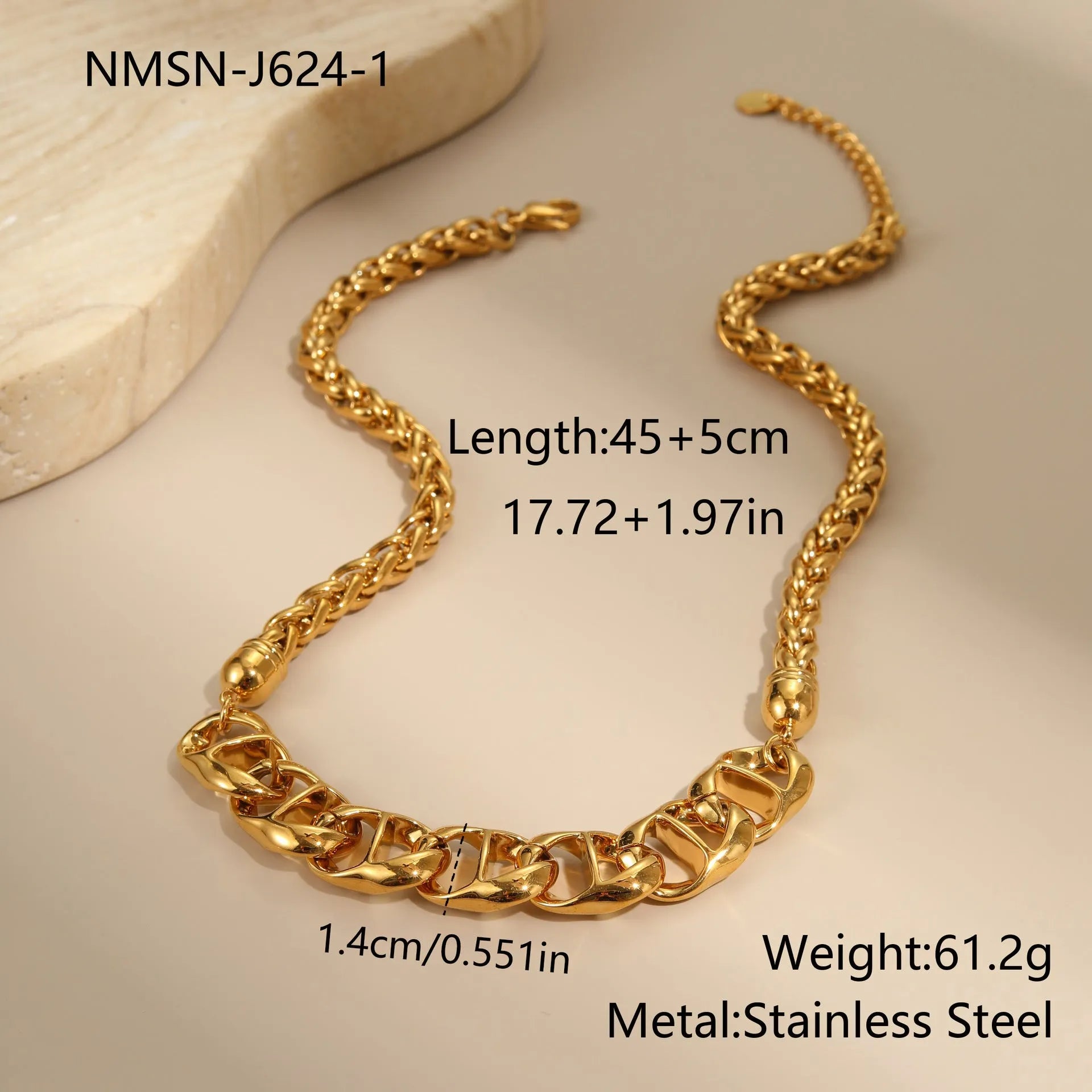 Stainless steel necklace with geometric pendant and 18K gold plating in gold or steel colour options