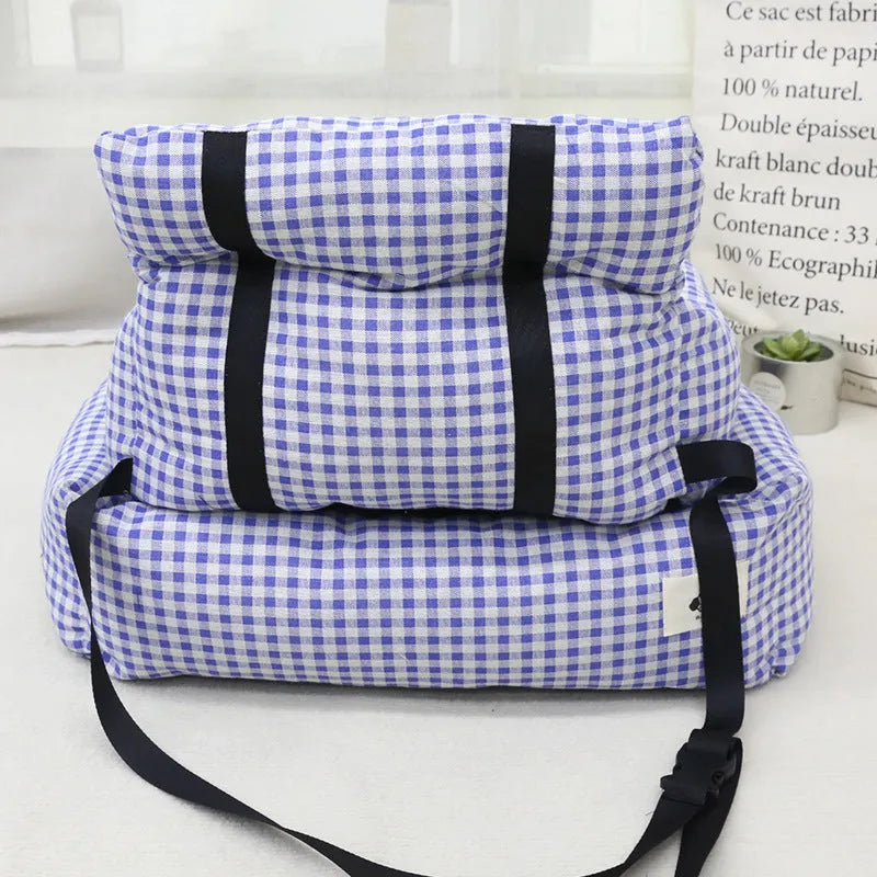 Grey and blue plaid cloth car pet bed for dogs shown in small and large size options.