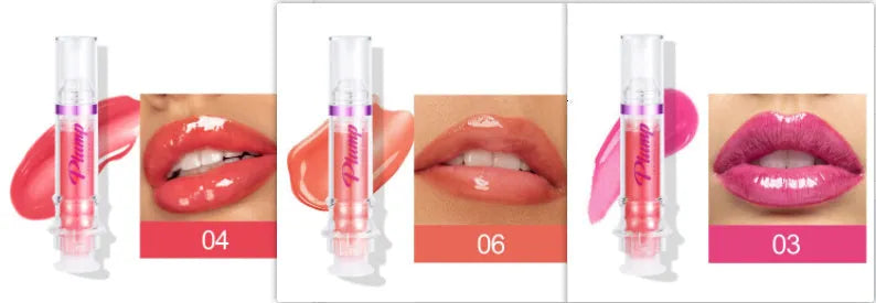 Lip gloss tube with mirror finish showing shiny application on lips