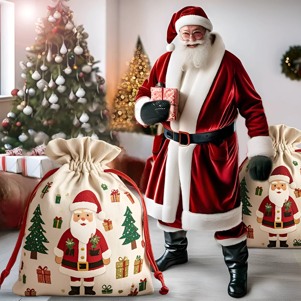 Extra-large Christmas gift bag in red canvas with Santa Claus string closure, 48cm by 65cm