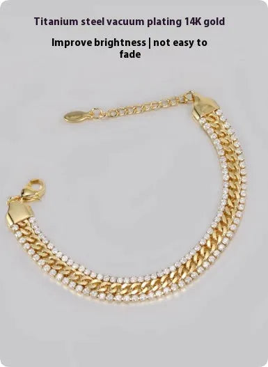14K gold-plated titanium steel tennis bracelet with artificial gemstone inlay in European American hip hop style