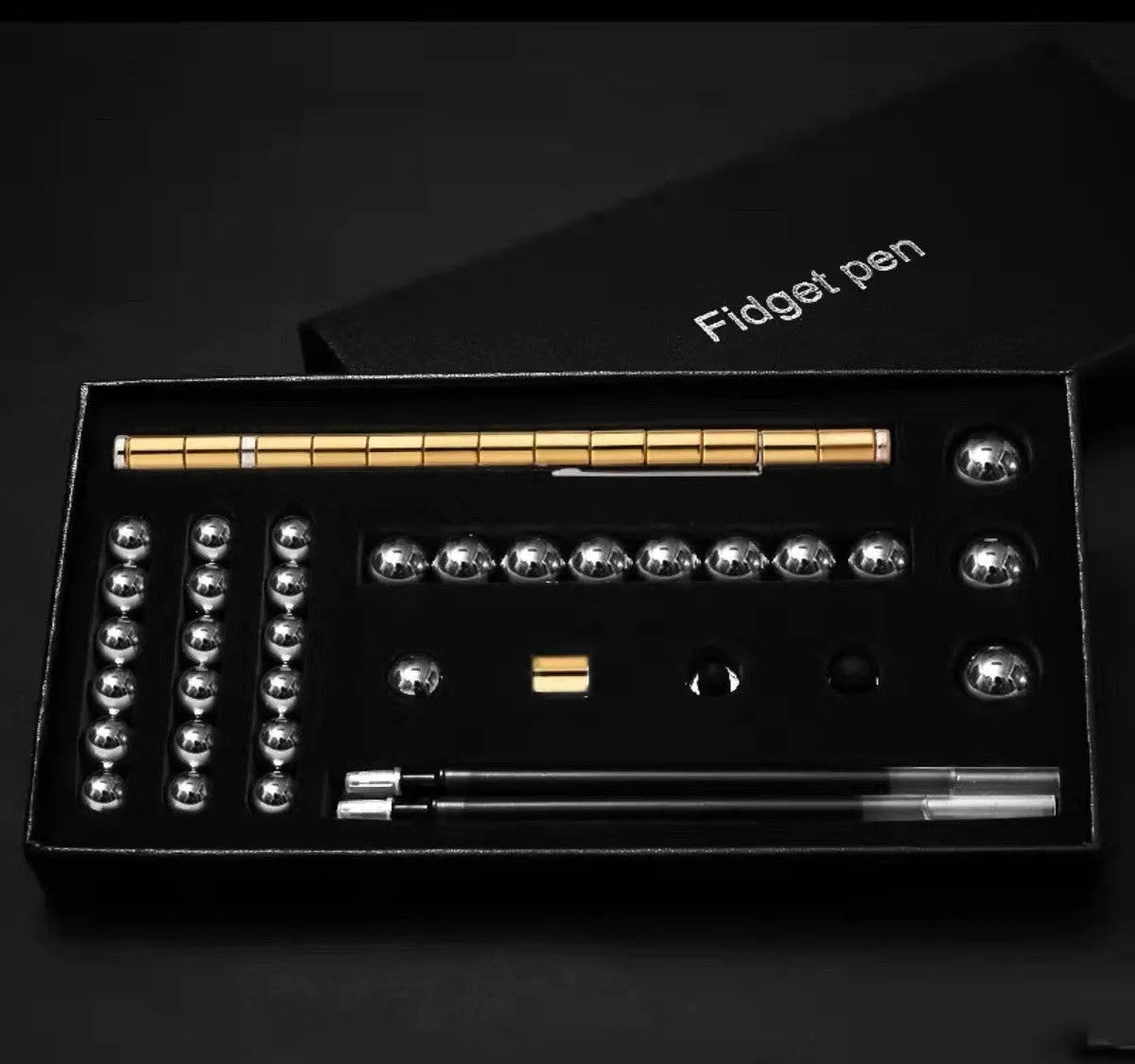 Magnetic modular pen set in silver iron box with 13 rings, 12 balls, 3 refills, 2 capacitor heads, and upgraded magnets