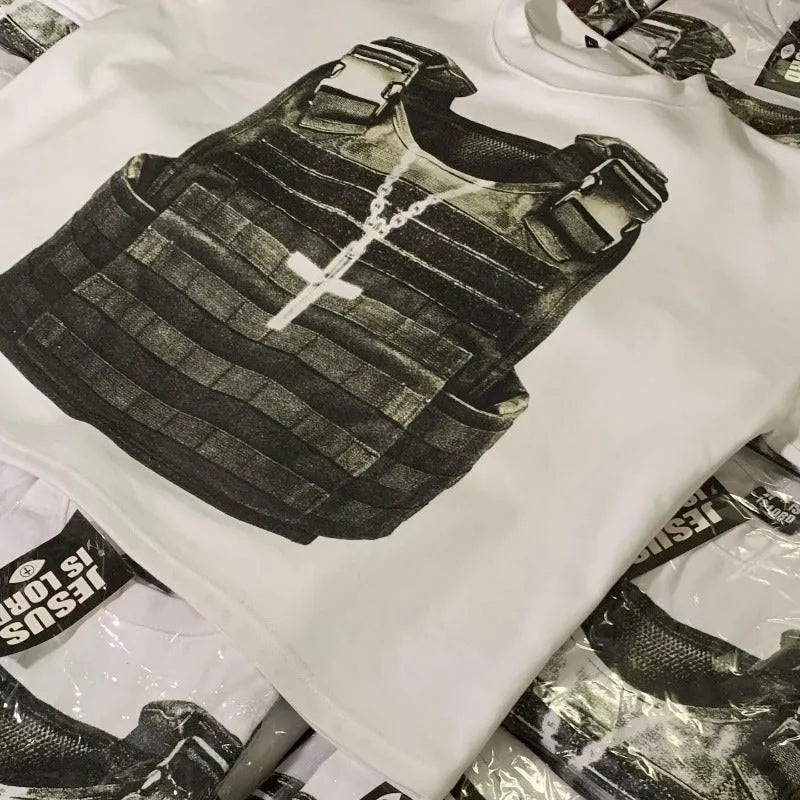A printed short sleeve cotton t-shirt with drop shoulders in a retro street style.