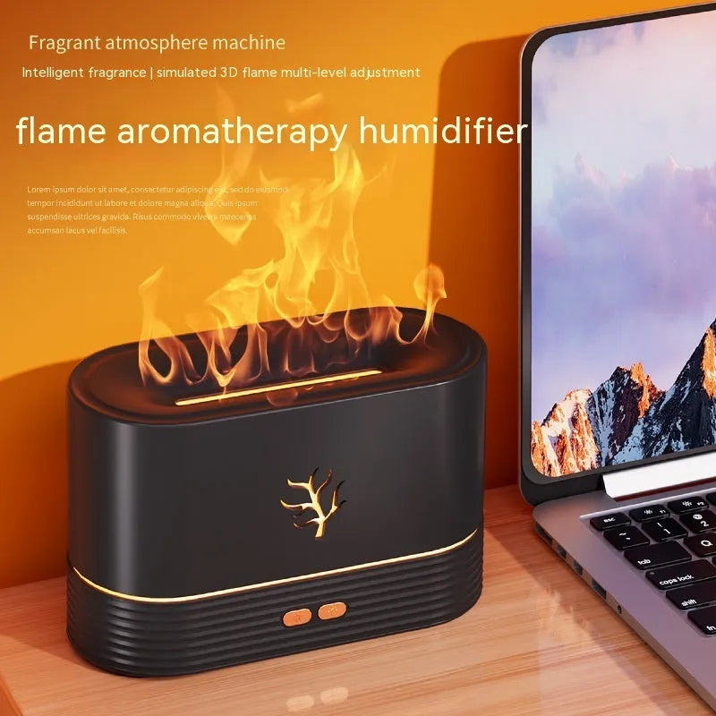 Square black or white USB flame humidifier with LED fire simulation and aromatherapy function