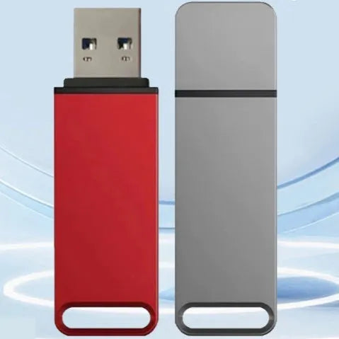 Metal USB flash drive in black, red, and silver colours showing custom graphic design options.