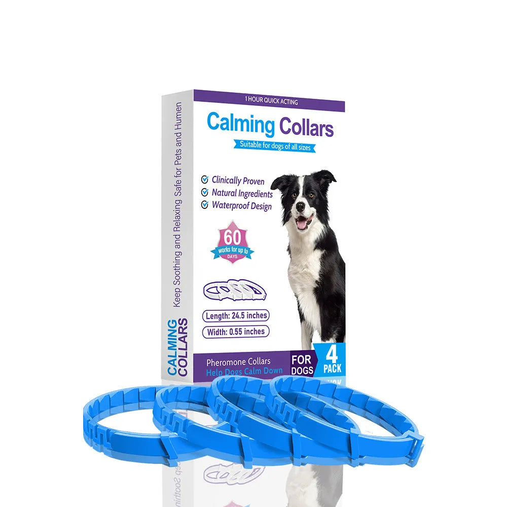 Set of four monochrome TPR dog calming collars in six colour options, each measuring 62 cm.