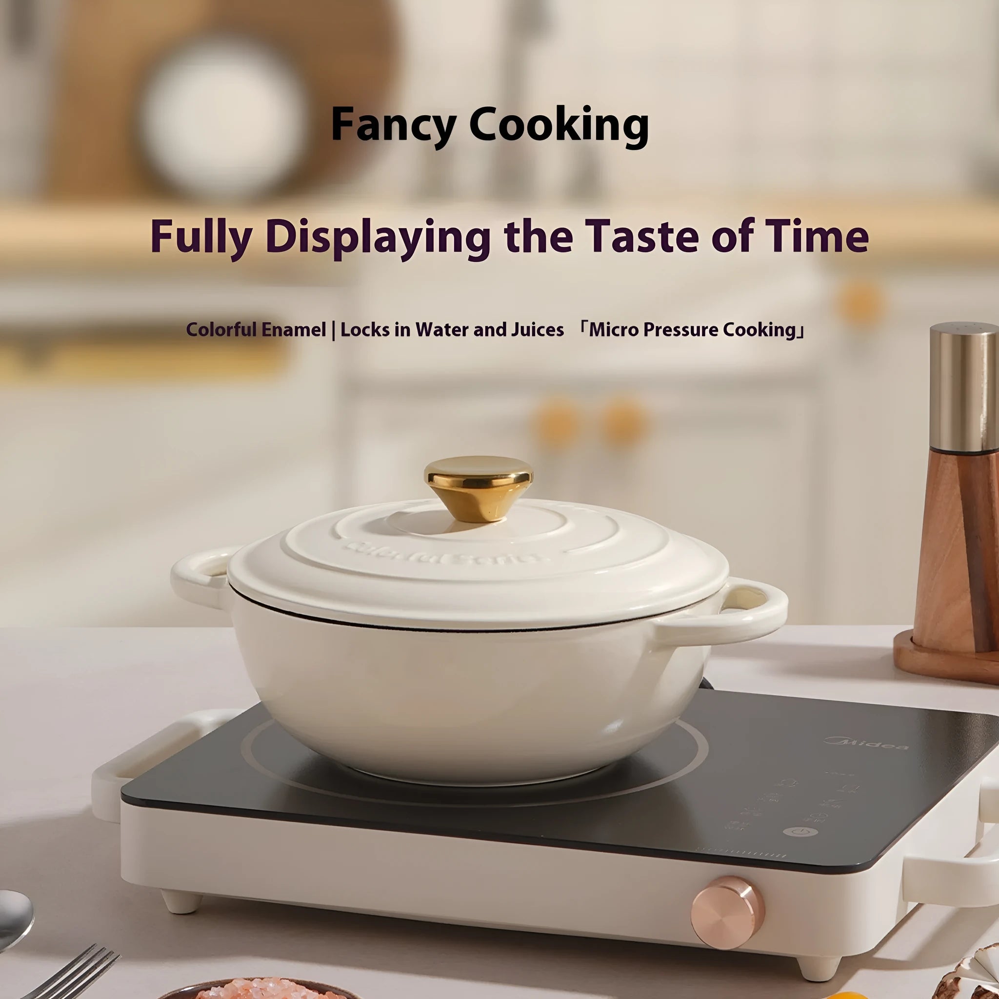 Cream white cast iron soup stew pot with cast iron lid and enamel finish, 24cm diameter