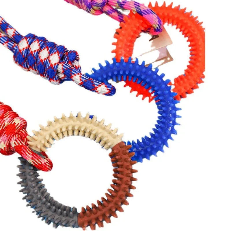 Braided rope dog chew toy with knots in blue colour, shown at 43 cm length