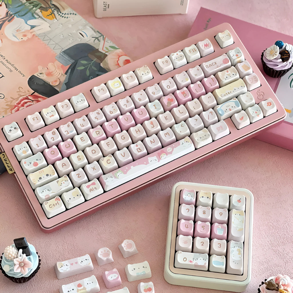 Meow Meow Team 141-piece sublimation keycap set showing colourful anime character designs on plastic keyboard keycaps