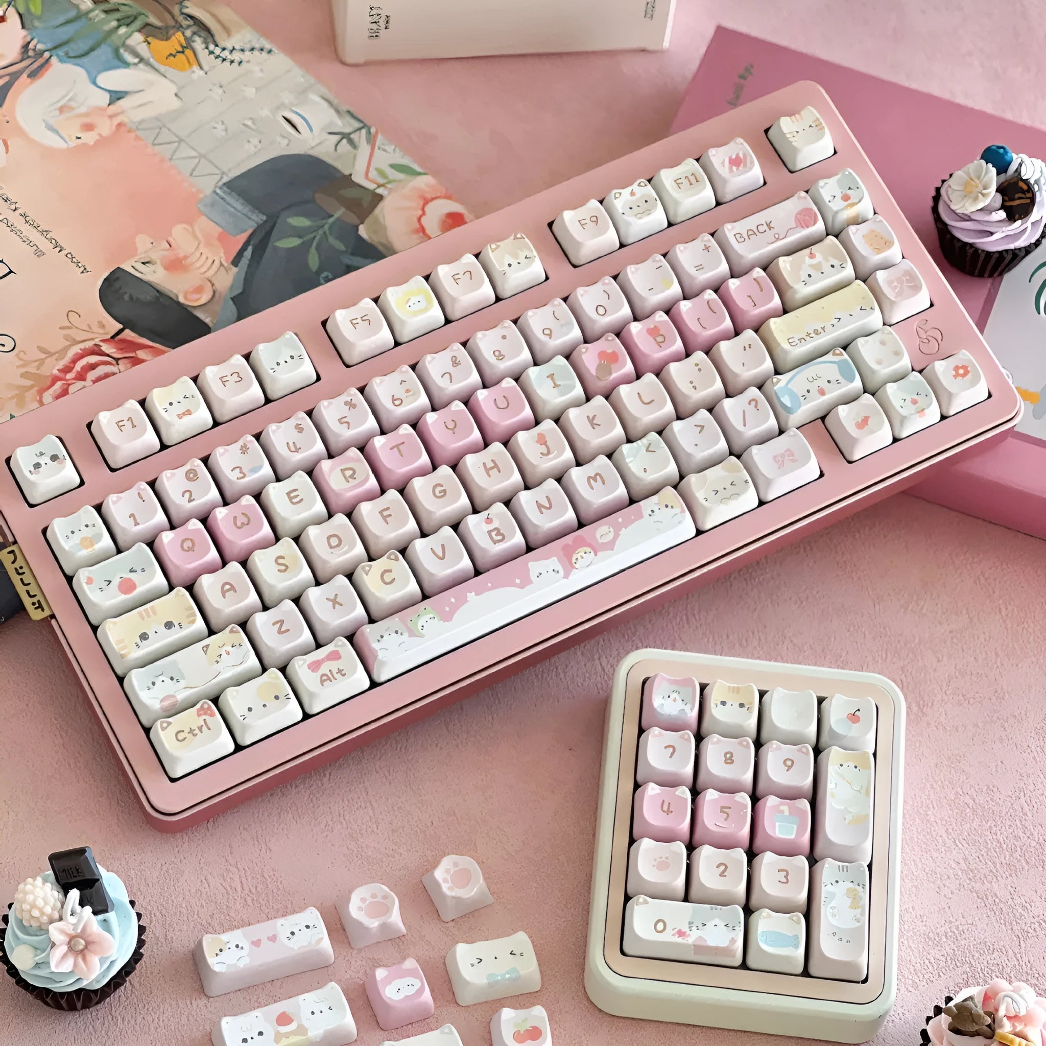 Meow Meow Team 141-piece sublimation keycap set showing colourful anime character designs on plastic keyboard keycaps