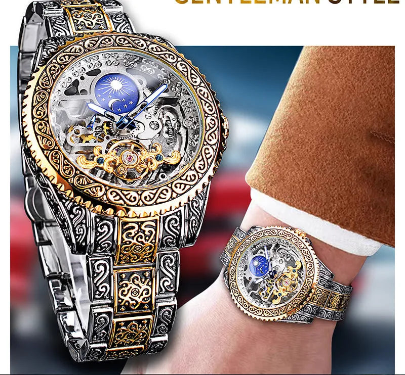 Forsining yellow skeleton tourbillon mechanical watch with 44mm stainless steel case
