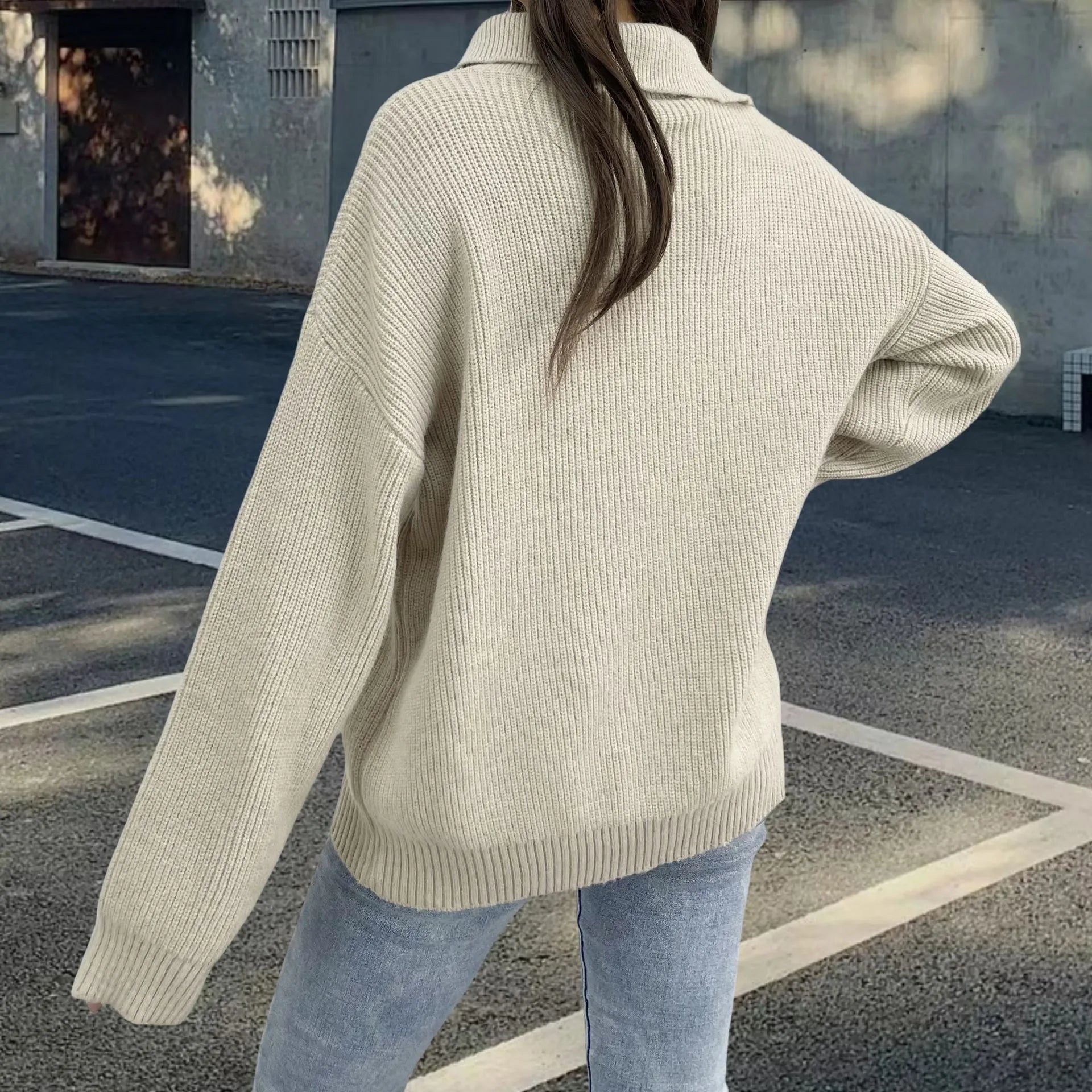 Women's light khaki alpaca wool retro pullover sweater with oblique zipper and turtleneck.
