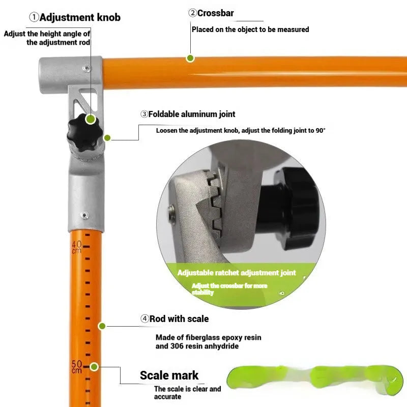 Telescopic fibreglass height measuring rod extended, showing clear scale markings, for checking truck and cargo height.