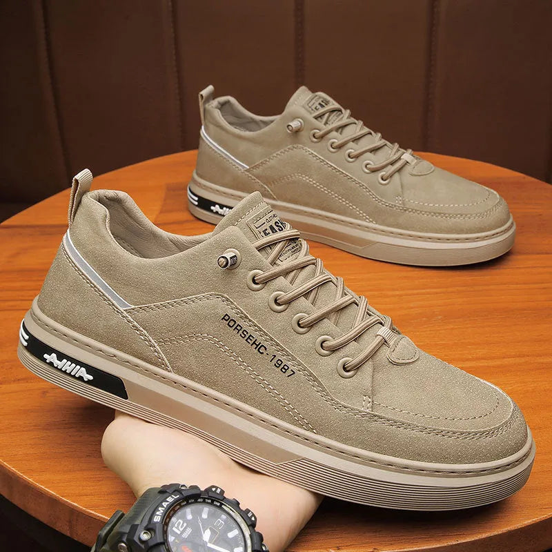 Men's low-top casual shoes with rubber sole and artificial PU upper in khaki, black, and grey colour options