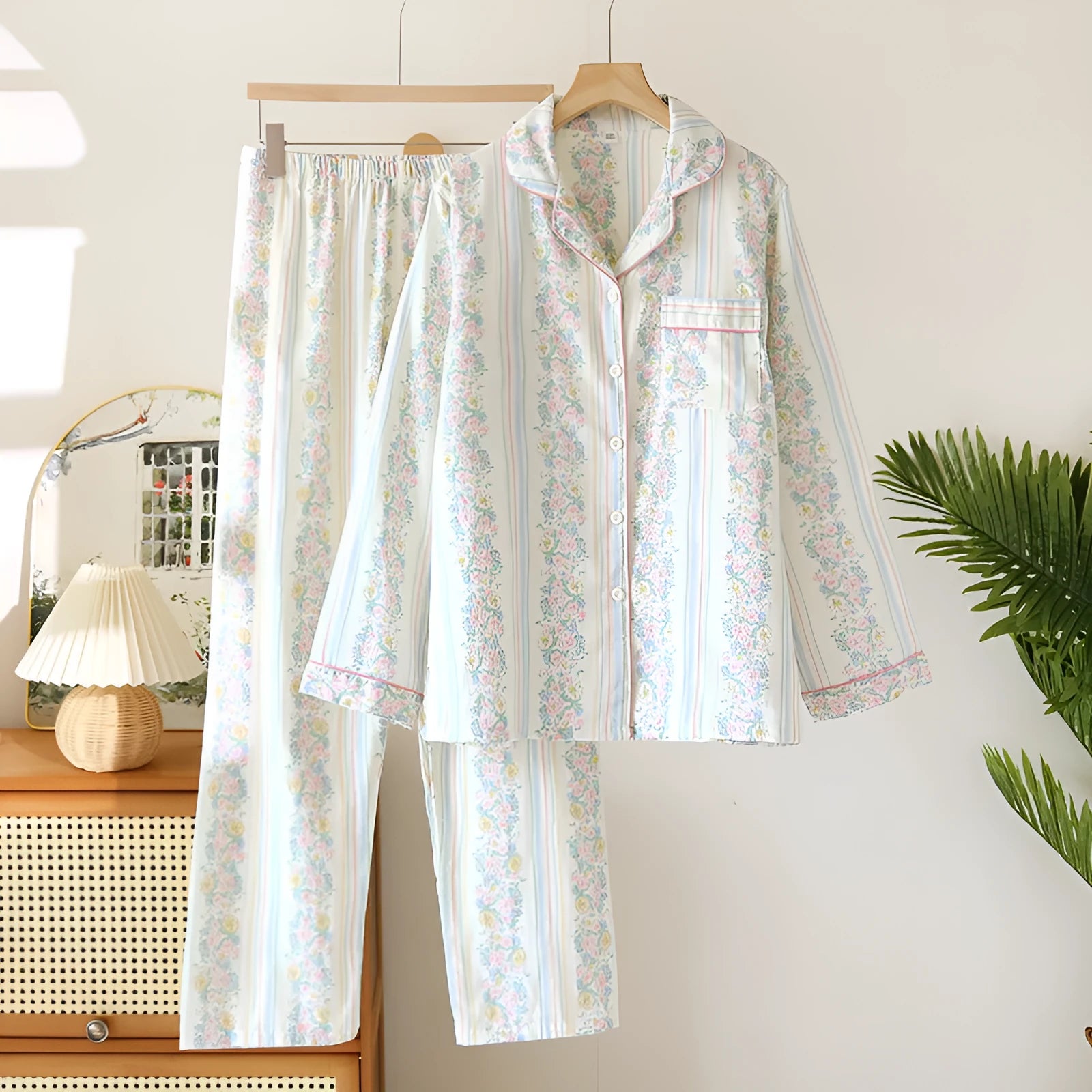 Cotton gauze long-sleeved top and trousers two-piece homewear set in a colour stripes print.