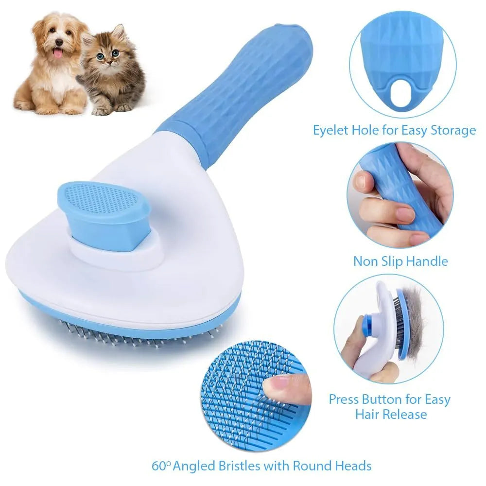 Blue cat deshedding brush with a release button, fine wire bristles, for removing loose fur from pets.