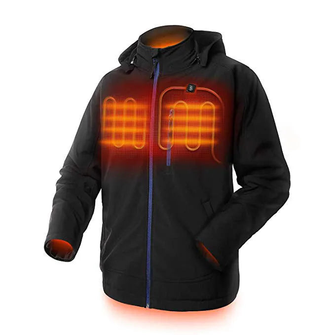 Black men's winter waterproof coat with zip pockets and long sleeves on a size chart.