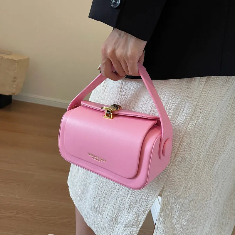 Casual women's shoulder messenger bag in PU leather, shown in beige, black, khaki, and pink colours with stitching detail.