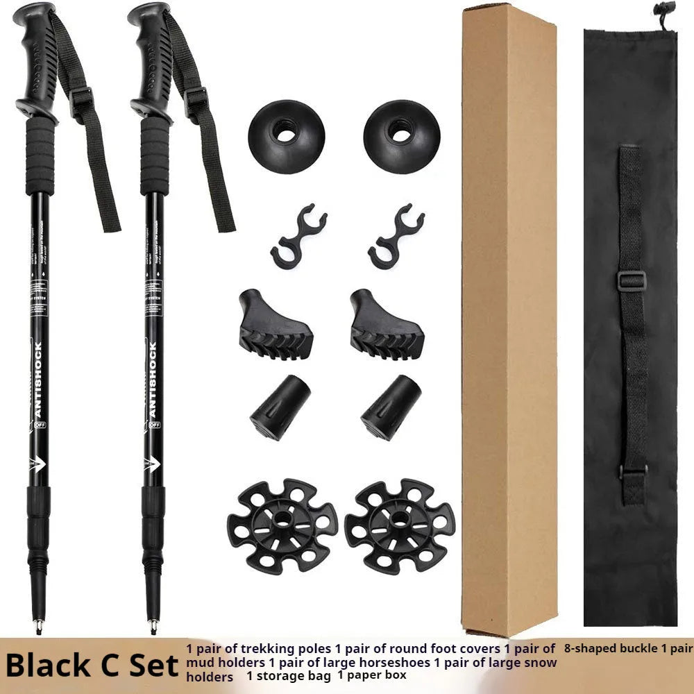 Aluminium telescopic trekking poles with multiple tip accessories in black, blue, silver, or red.