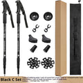 Aluminium telescopic trekking poles with multiple tip accessories in black, blue, silver, or red.