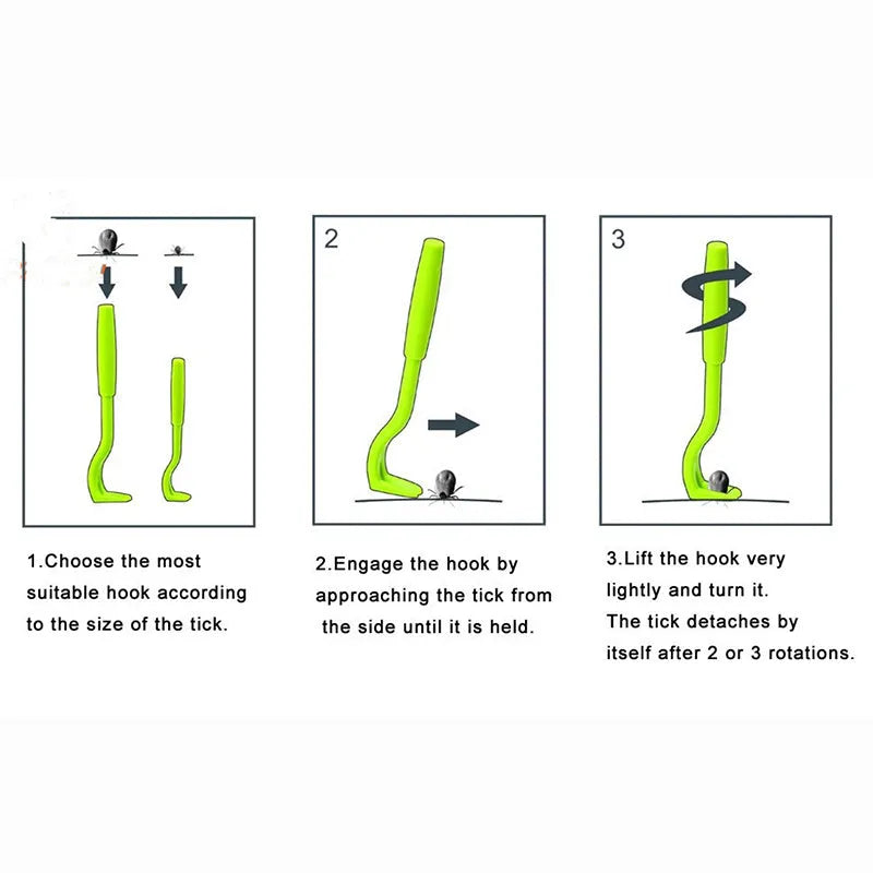 Three plastic tick removal clips for pets with hook design