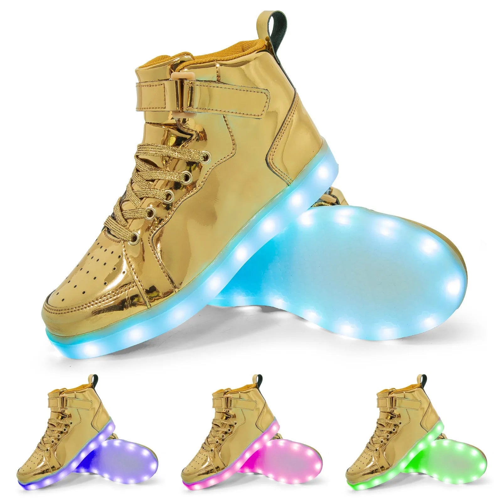 Unisex black LED high-top shoes with glowing light-up soles and Velcro strap.