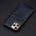 Dark blue PU leather protective case for an iPhone, shown from the back.