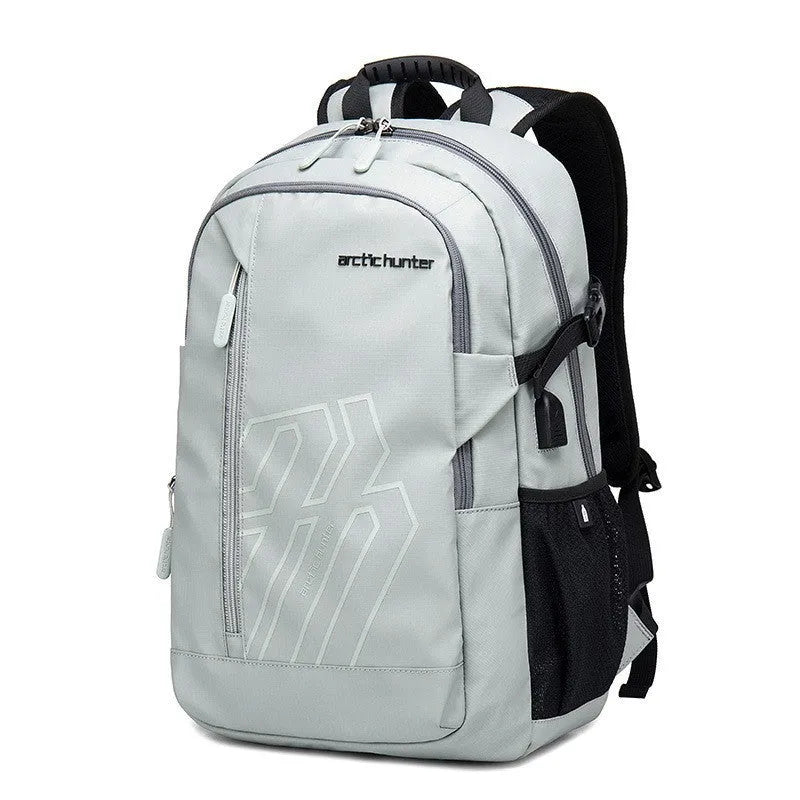 Casual plaid computer backpack in blue with curved shoulder strap showing 18-inch laptop compartment